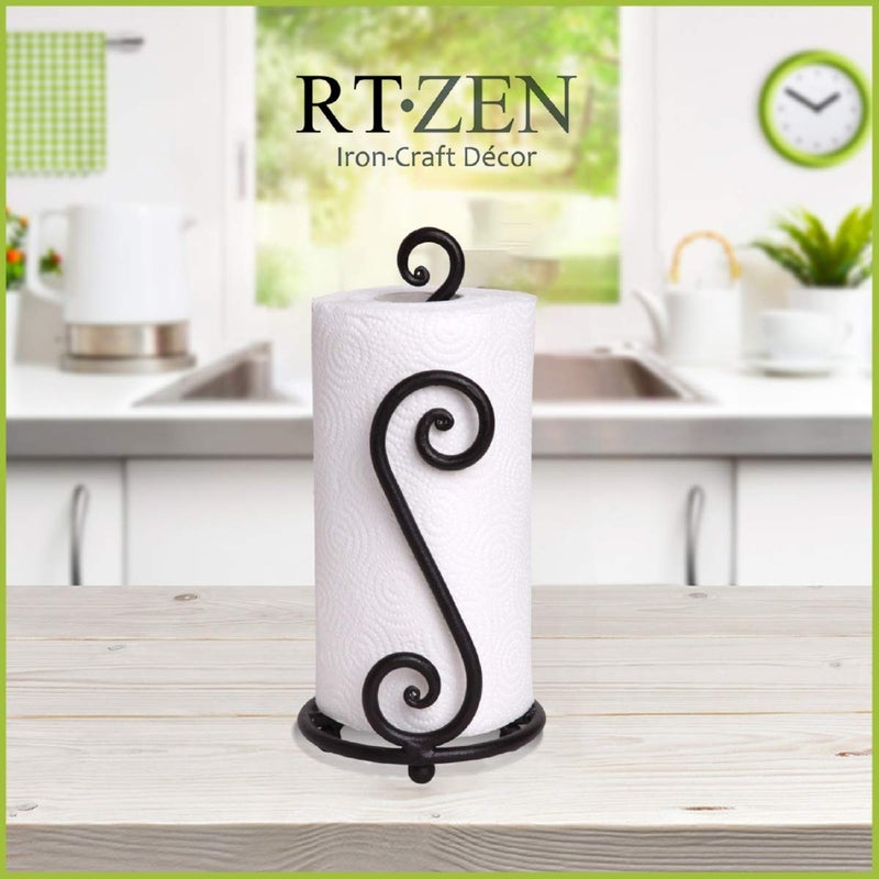 RTZEN Matte Black Paper Towel Holder Countertop - Decorative Farmhouse Paper Towel Roll Holder - Rustic Metal Modern Stand for Kitchen or Bathroom (Swirl) - Image 4